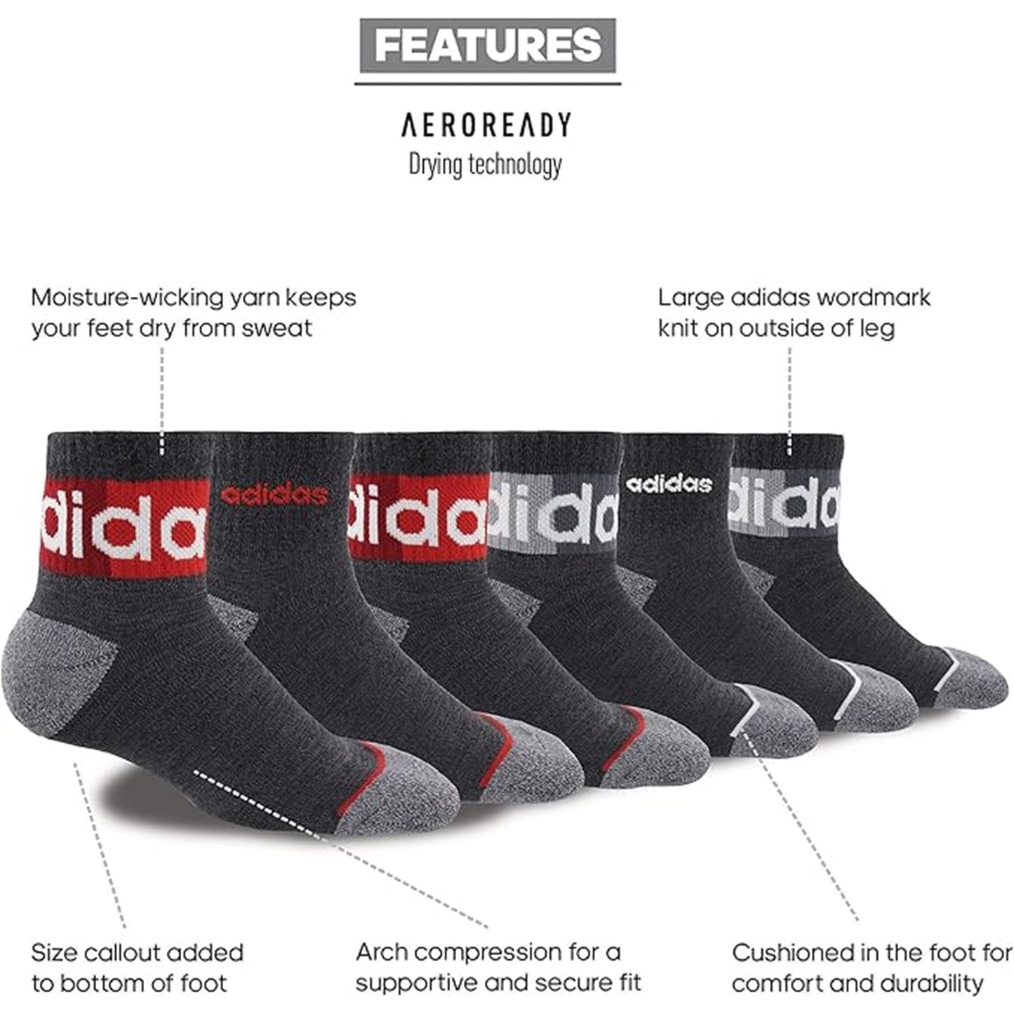 Adidas Boys Youth Blocked Linear II 6-Pack Quarter Socks